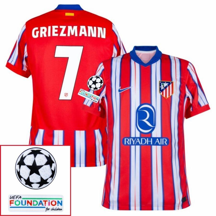 Atlético Madrid Griezmann 7 Home Fan Jersey 2024/25 Patches UCL UEFA Foundation (Official Printing)