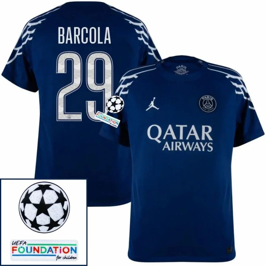 Paris Saint-Germain Barcola 29 Fan Jersey Fourth Jordan 2024/25 Patches UCL UEFA Foundation (Official Printing)