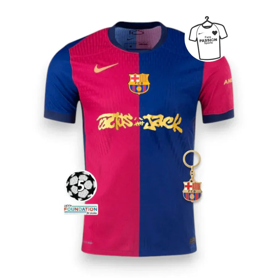 Barcelona Travis Scott Home Fan Jersey 2025/26 Spotify and FC Barcelona Collab With Travis Scott on a Special Cactus Jack Champions League Patch