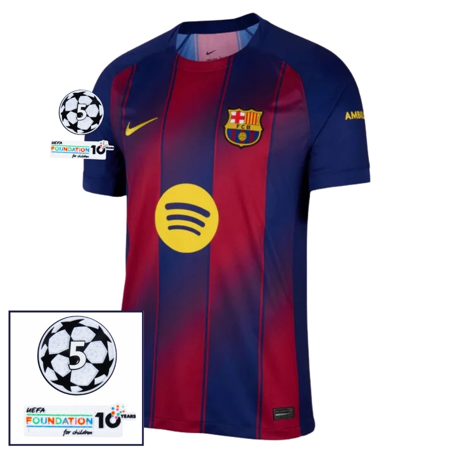 Barcelona Home Fan Jersey 2025/26 Patches Ucl + 10Th Anniversary Uefa Foundation