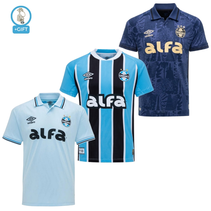 Grêmio Fan Jersey Home, Away e Third 2025/26 - Kit 3 Fan Jersey
