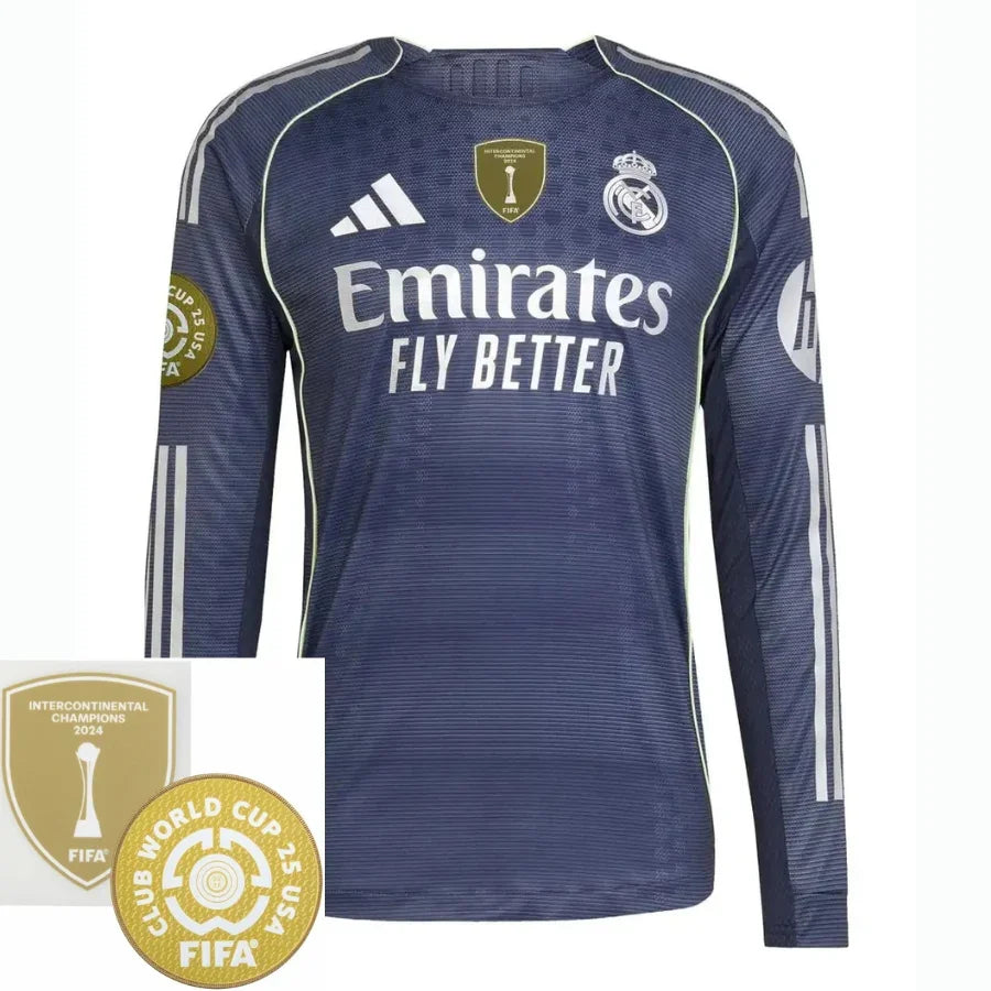Real Madrid Away Long Sleeve Fan Jersey 2025/26 – Patch 2025 Club World Cup + Fifa Intercontinental Champions