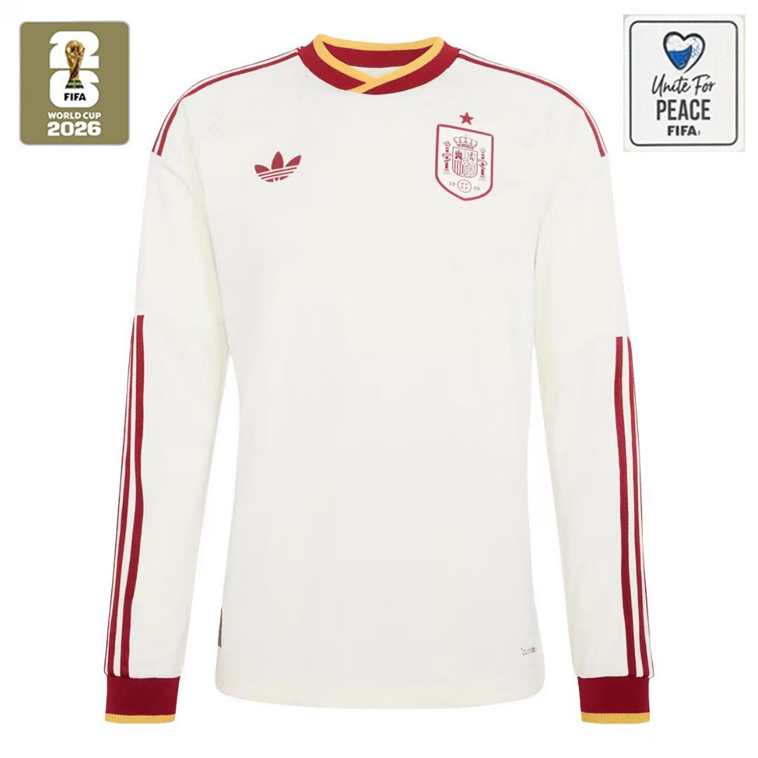 Spain Away Fan Long Sleeve Shirt 2026 World Cup + 2026 World Cup Champion Team White & Unite For Peace White Badge