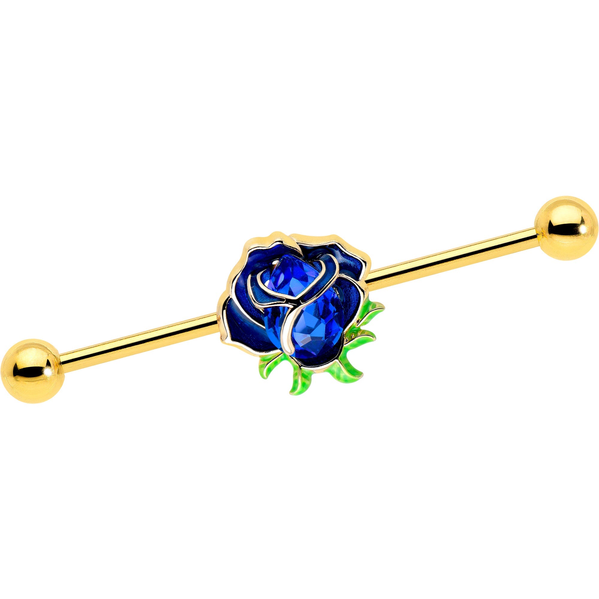 14G Blue Gem Gold Tone Deep Blue Flower Industrial Barbell 38mm