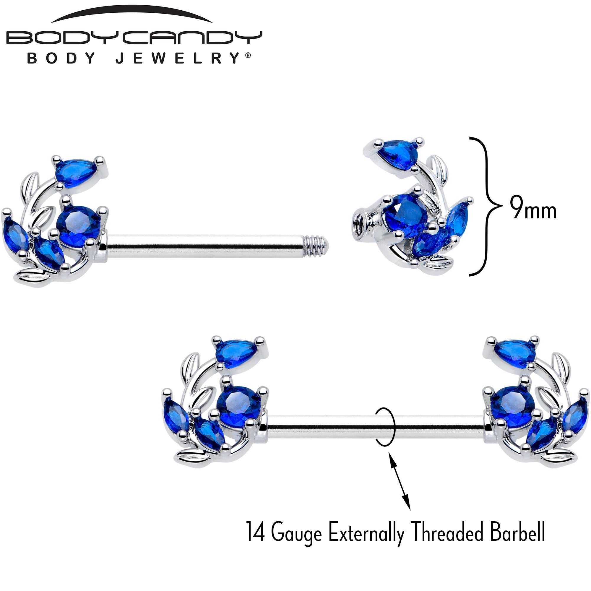 14G 9/16 Blue Gem Twining Vine Barbell Nipple Ring Set