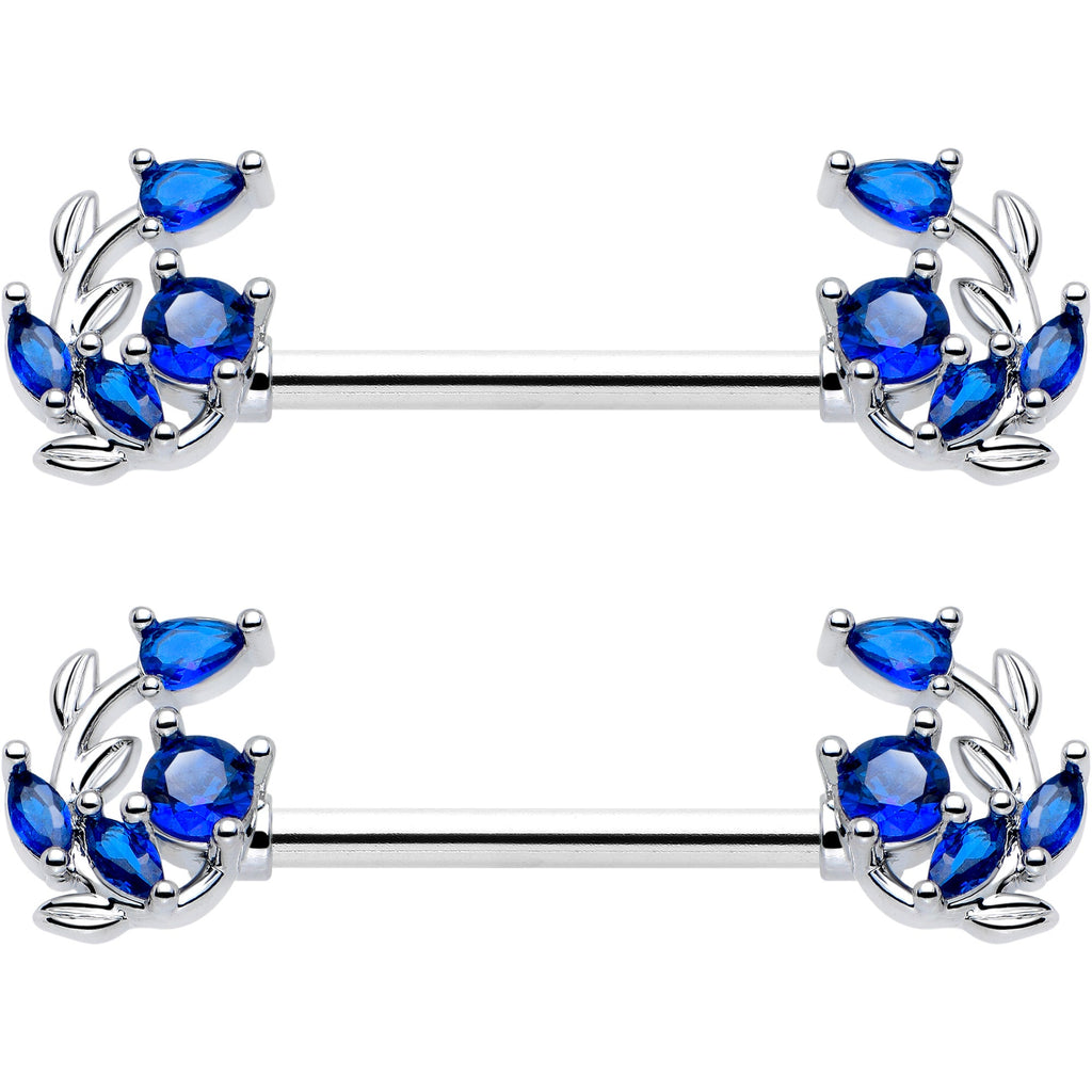 14G 9/16 Blue Gem Twining Vine Barbell Nipple Ring Set
