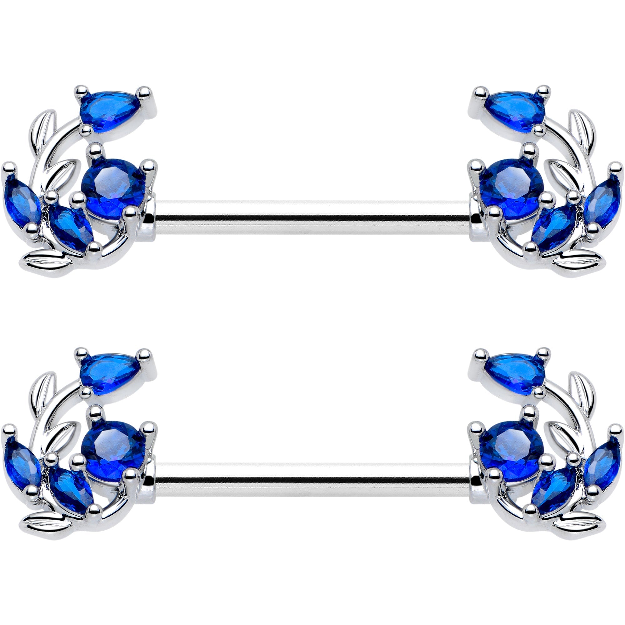 14G 9/16 Blue Gem Twining Vine Barbell Nipple Ring Set