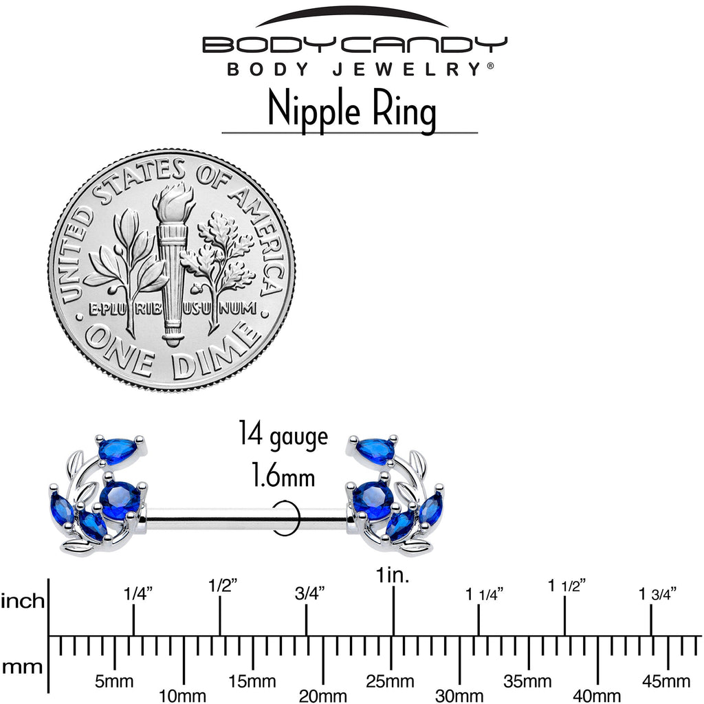 14G 9/16 Blue Gem Twining Vine Barbell Nipple Ring Set