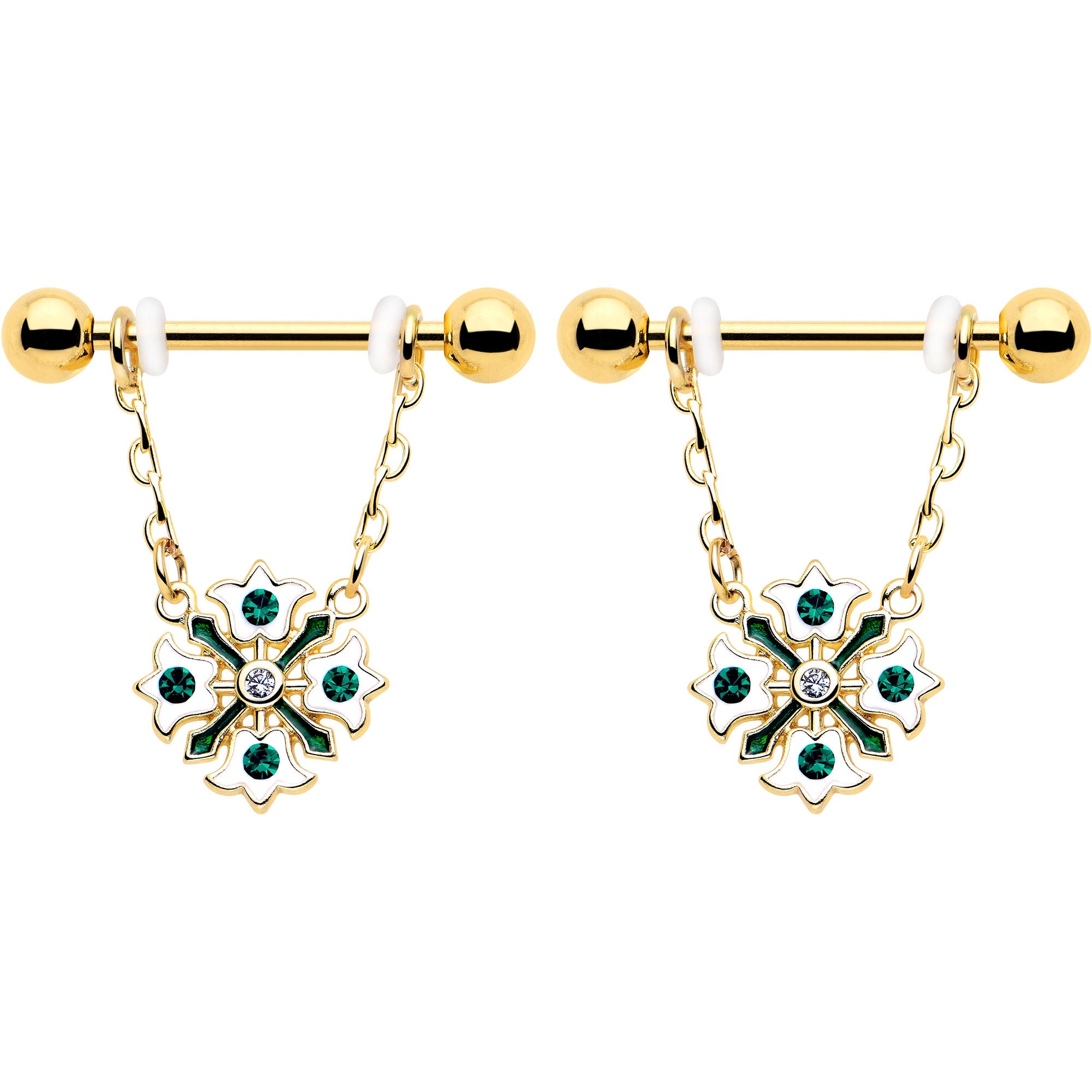 14G 9/16 Green Gem Gold Tone Flower Wreath Dangle Nipple Ring Set
