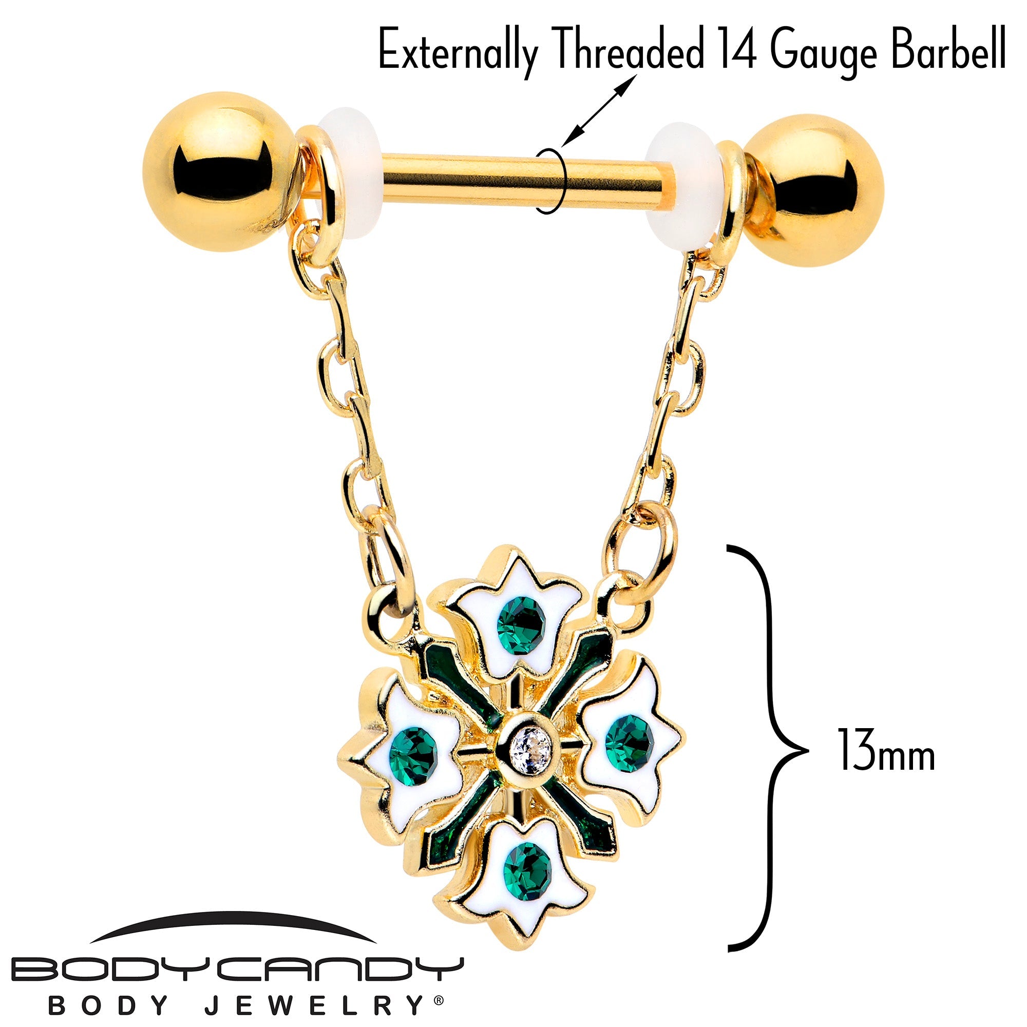 14G 9/16 Green Gem Gold Tone Flower Wreath Dangle Nipple Ring Set