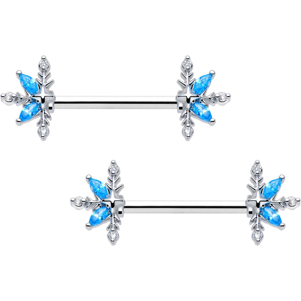 14G 9/16 Blue CZ Gem Classic Flower Barbell Nipple Ring Set