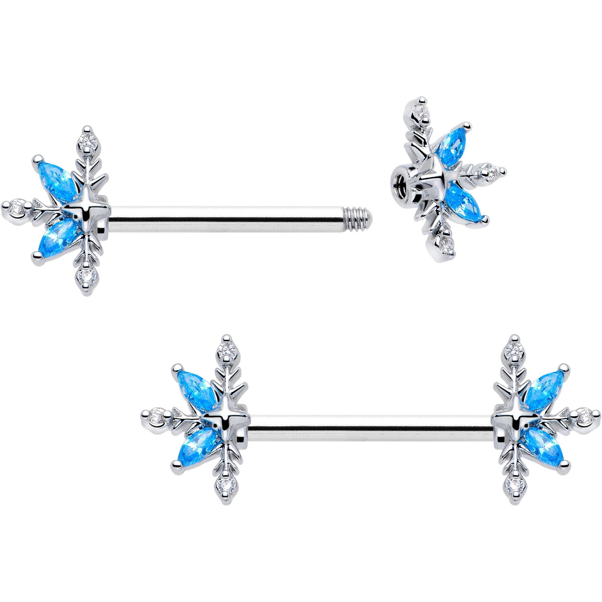 14G 9/16 Blue CZ Gem Classic Flower Barbell Nipple Ring Set