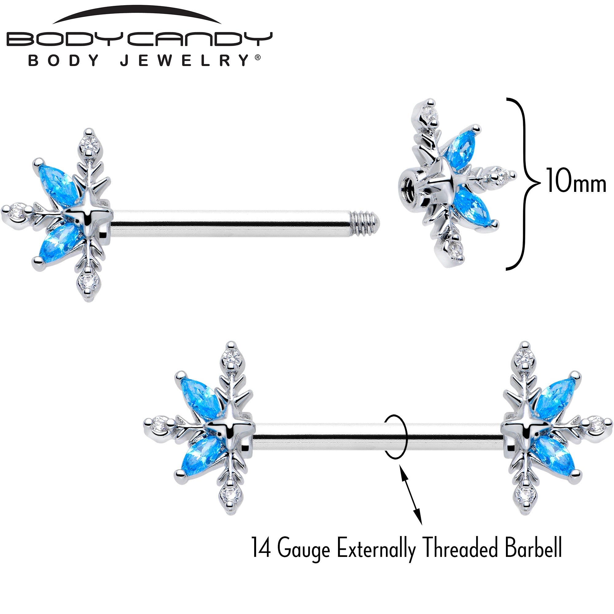 14G 9/16 Blue CZ Gem Classic Flower Barbell Nipple Ring Set