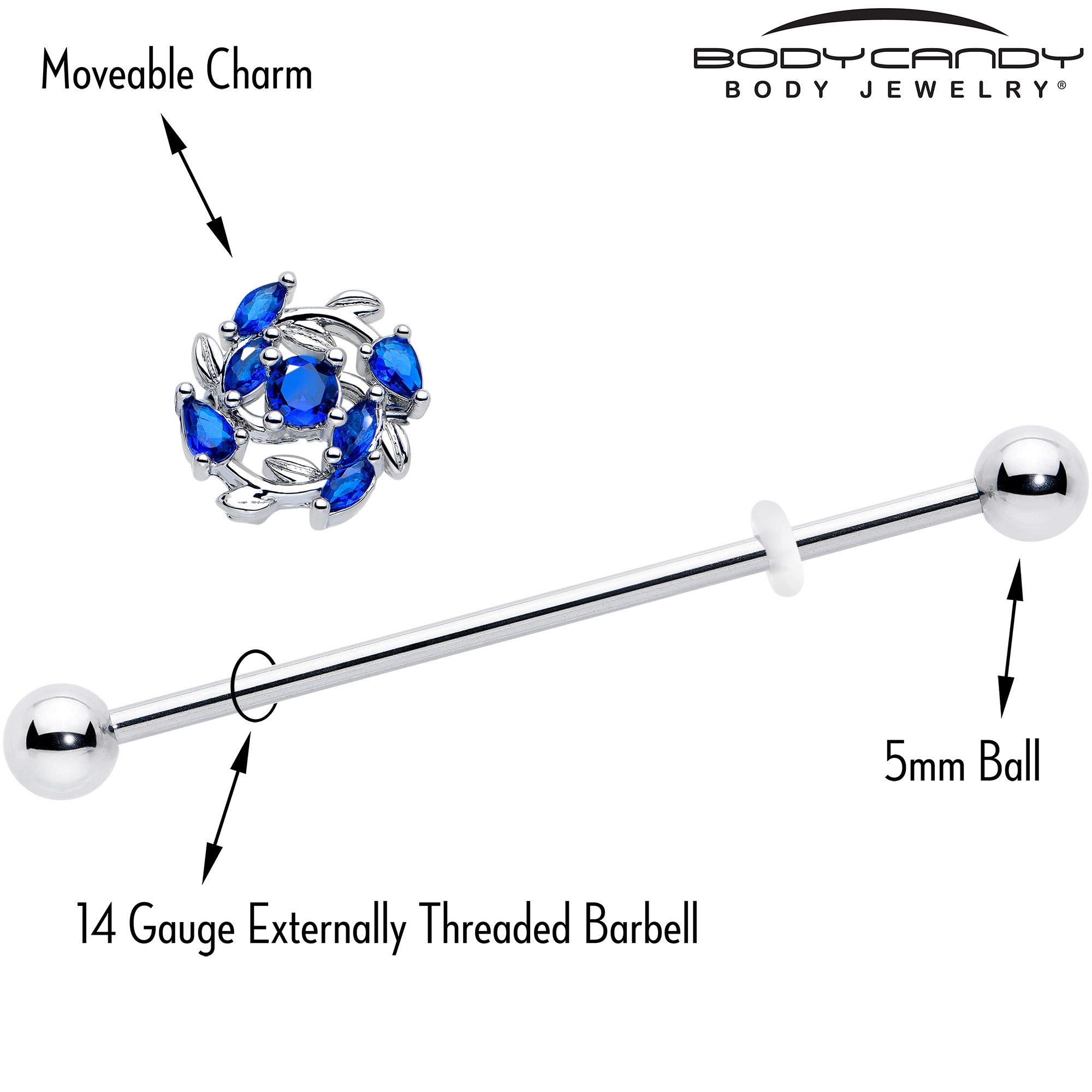 14G Blue Gem Twining Vine Industrial Barbell 38mm
