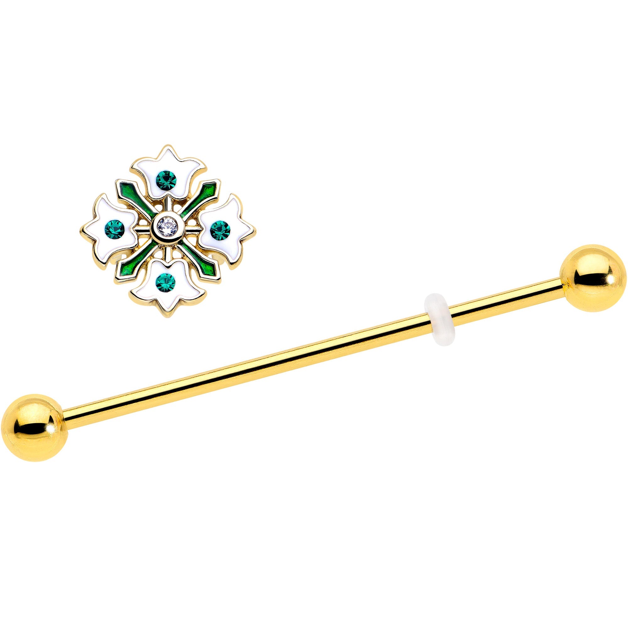 14G Green Gem Gold Tone Flower Wreath Industrial Barbell 38mm