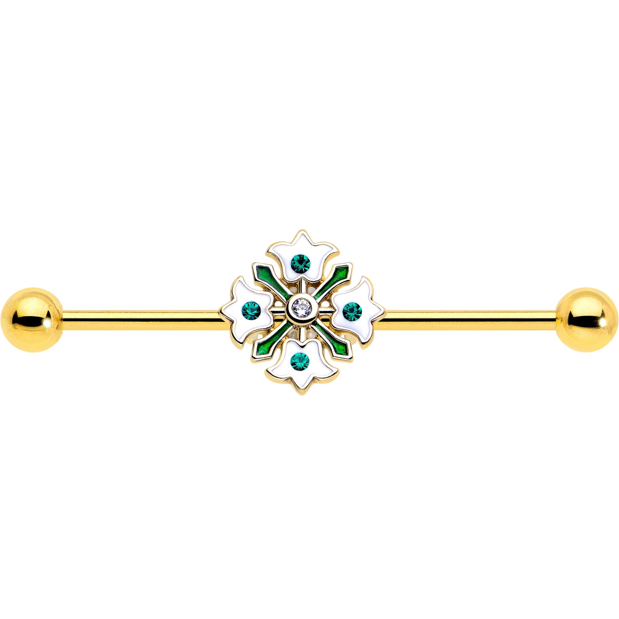 14G Green Gem Gold Tone Flower Wreath Industrial Barbell 38mm