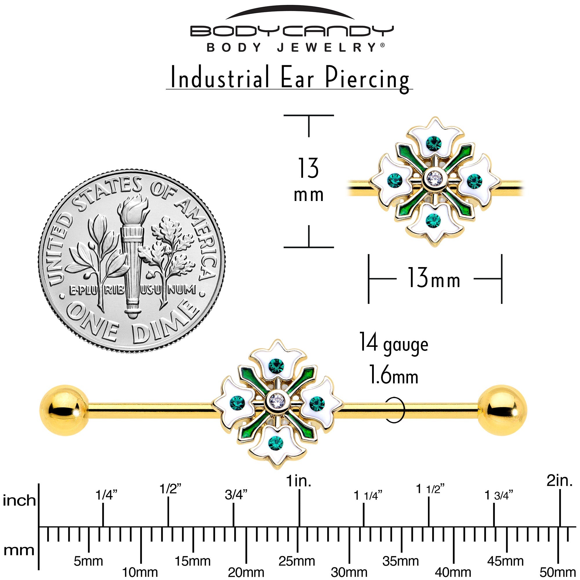 14G Green Gem Gold Tone Flower Wreath Industrial Barbell 38mm