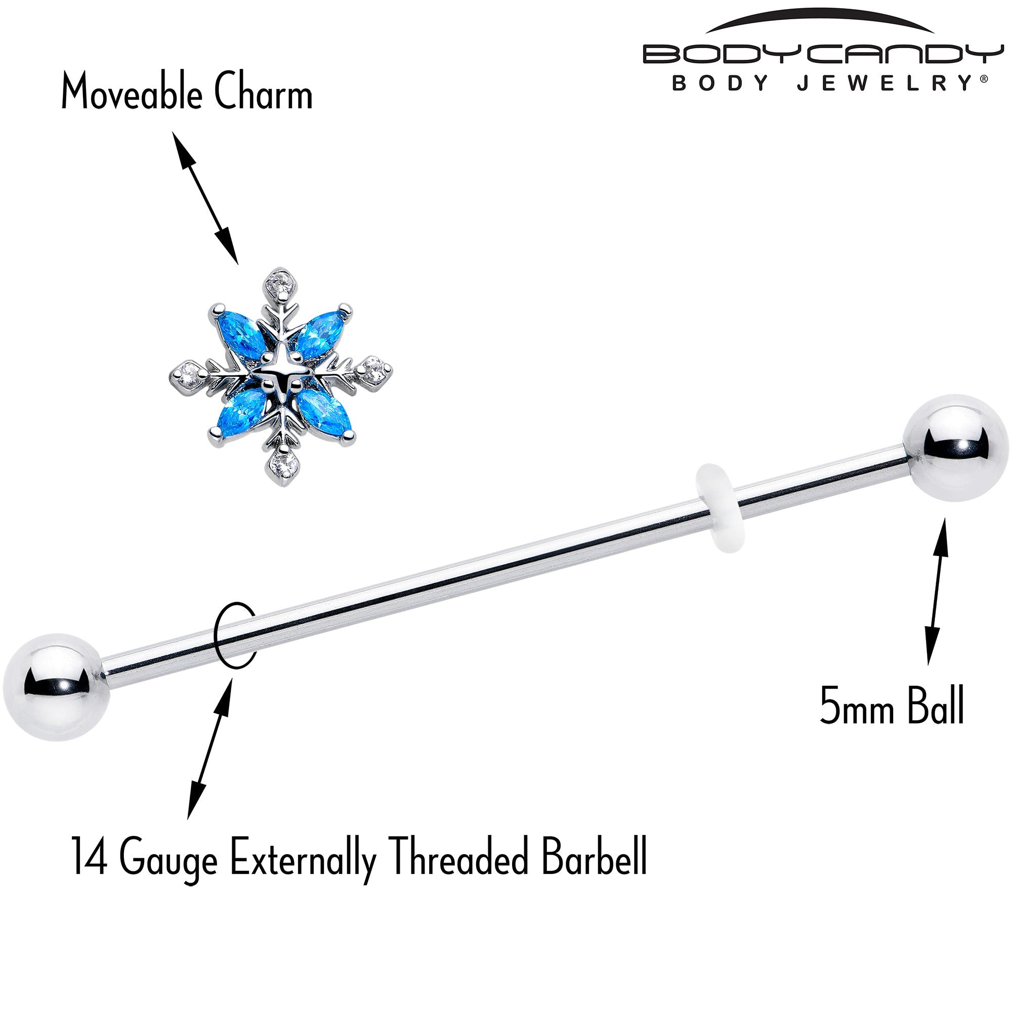 14G Blue CZ Gem Classic Flower Industrial Barbell 38mm