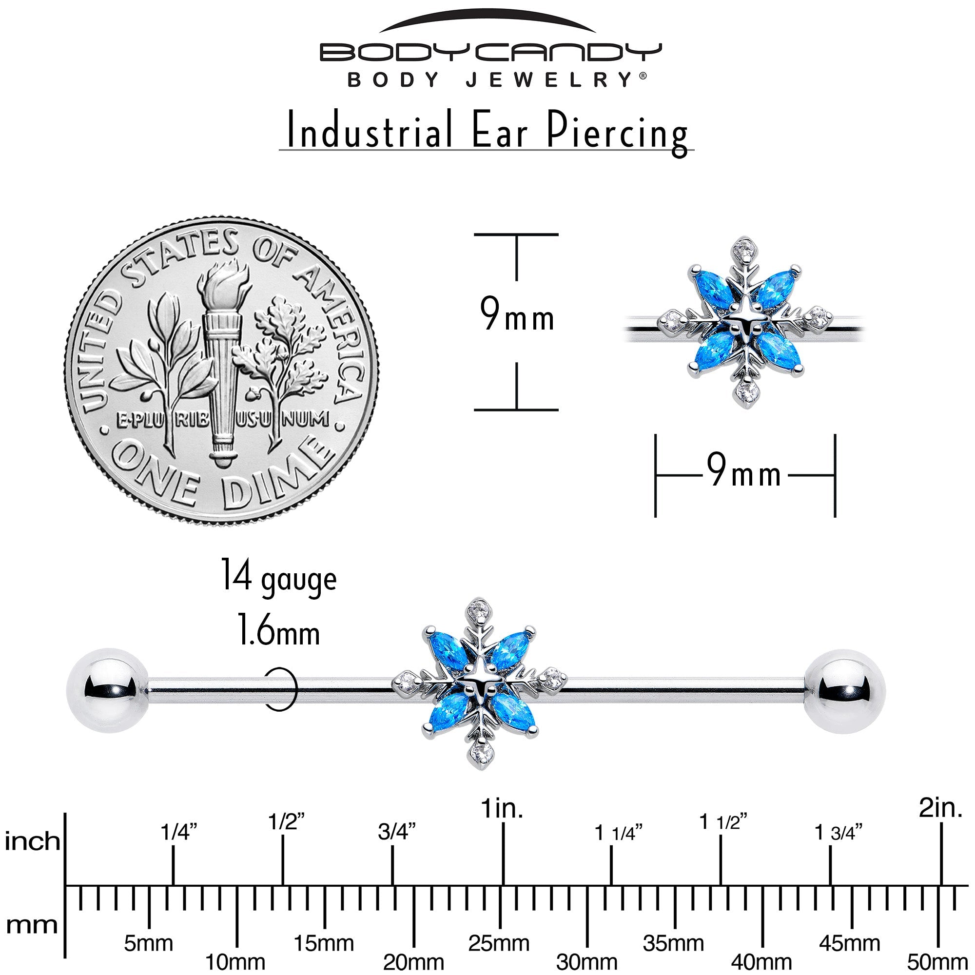 14G Blue CZ Gem Classic Flower Industrial Barbell 38mm