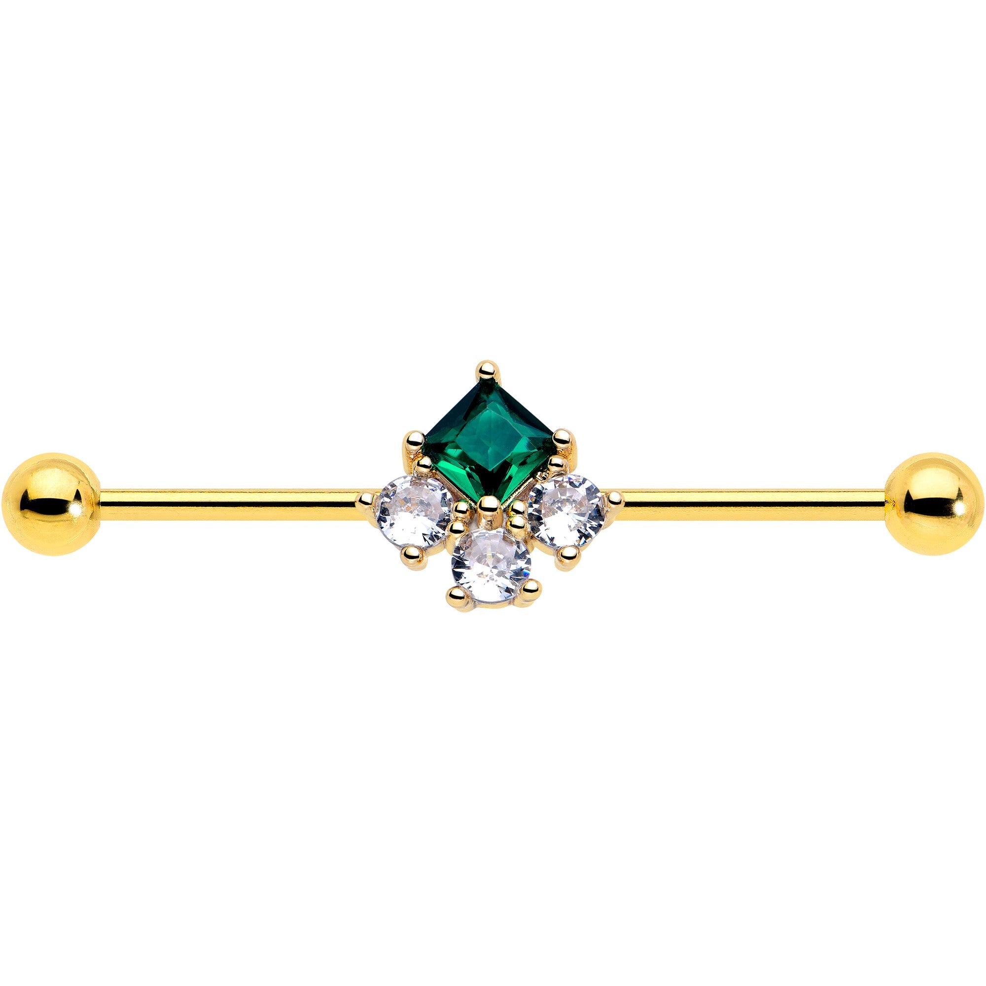 14G Green CZ Gem Gold Tone Rhombus Riot Industrial Barbell 38mm