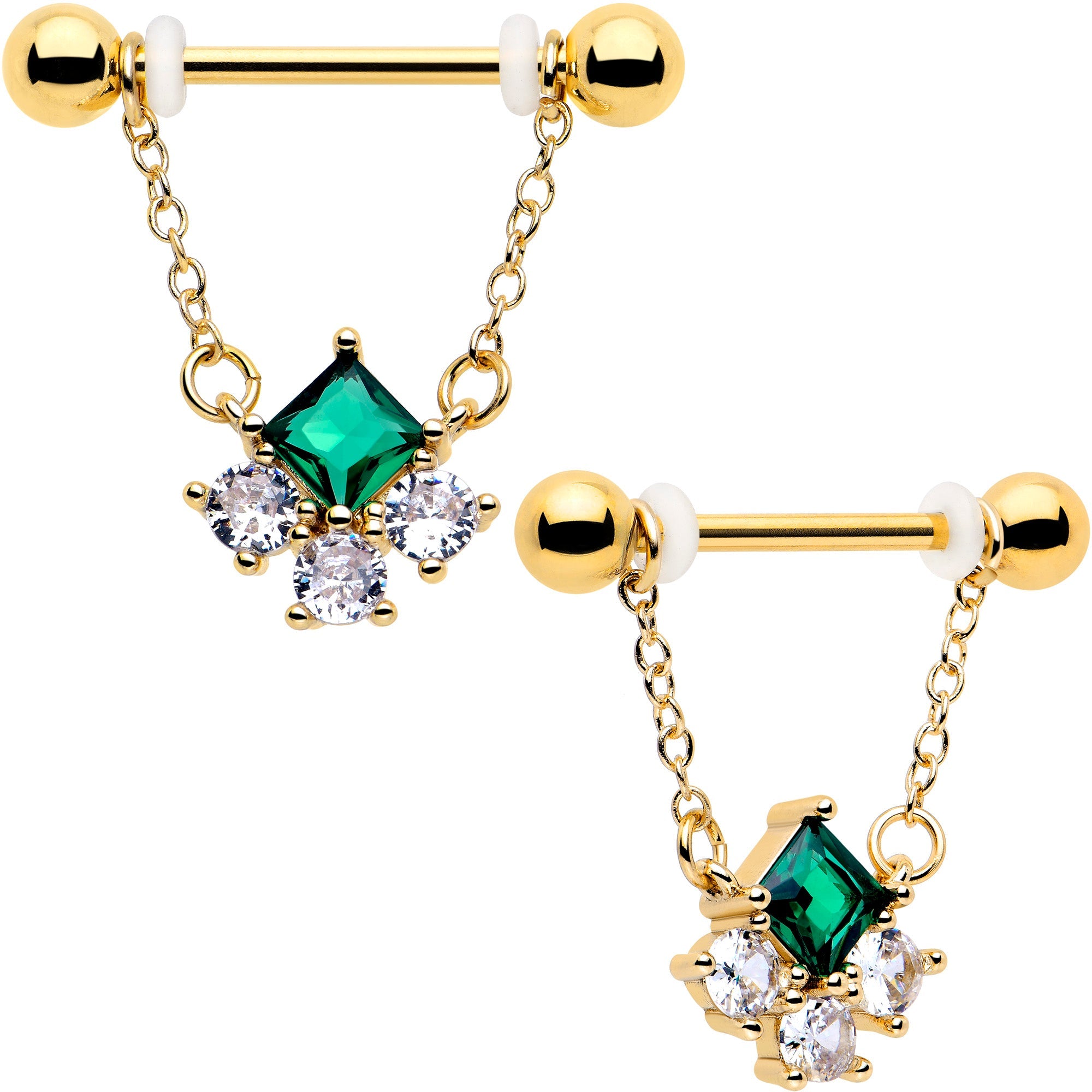 14G 9/16 Green CZ Gem Gold Tone Rhombus Riot Dangle Nipple Ring Set
