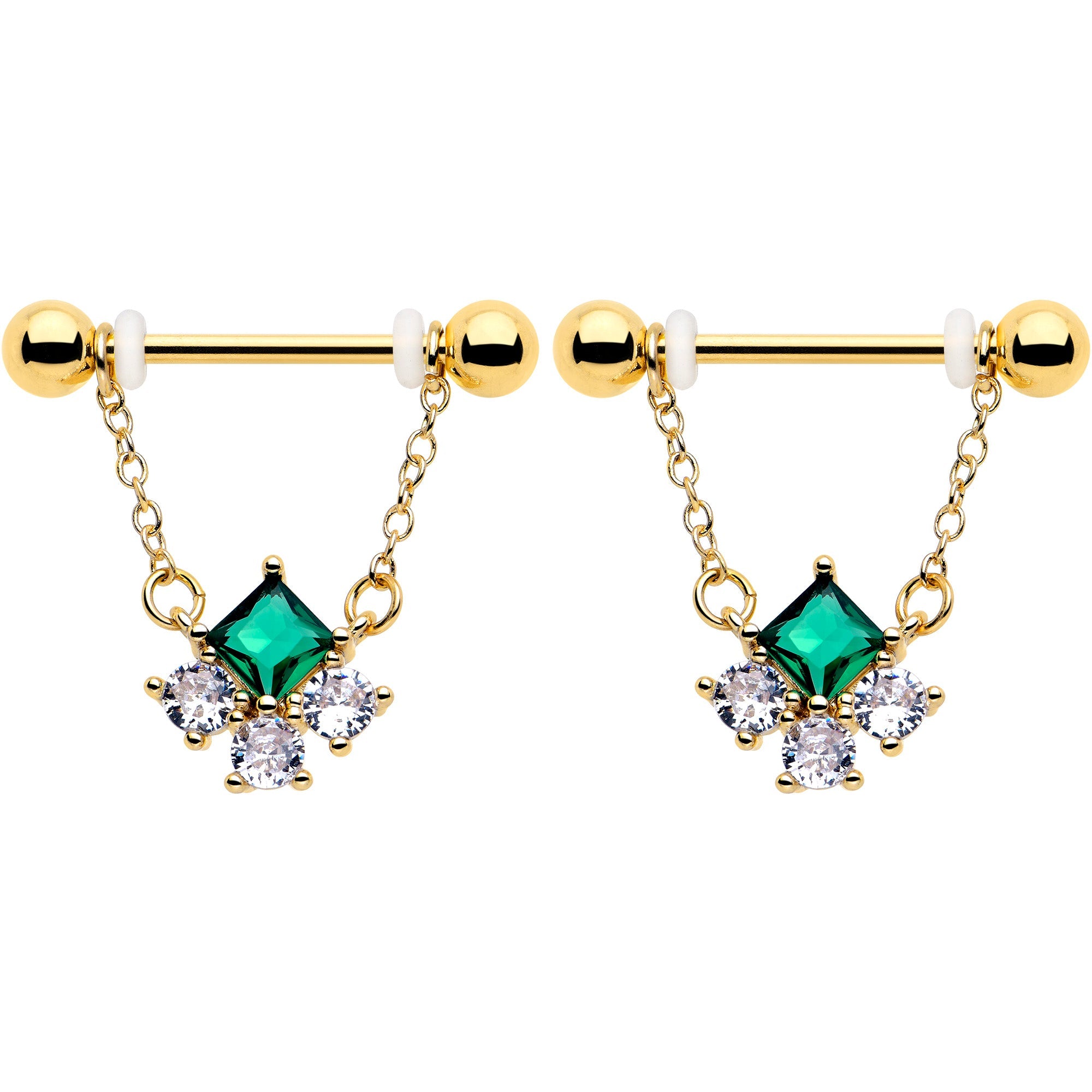 14G 9/16 Green CZ Gem Gold Tone Rhombus Riot Dangle Nipple Ring Set