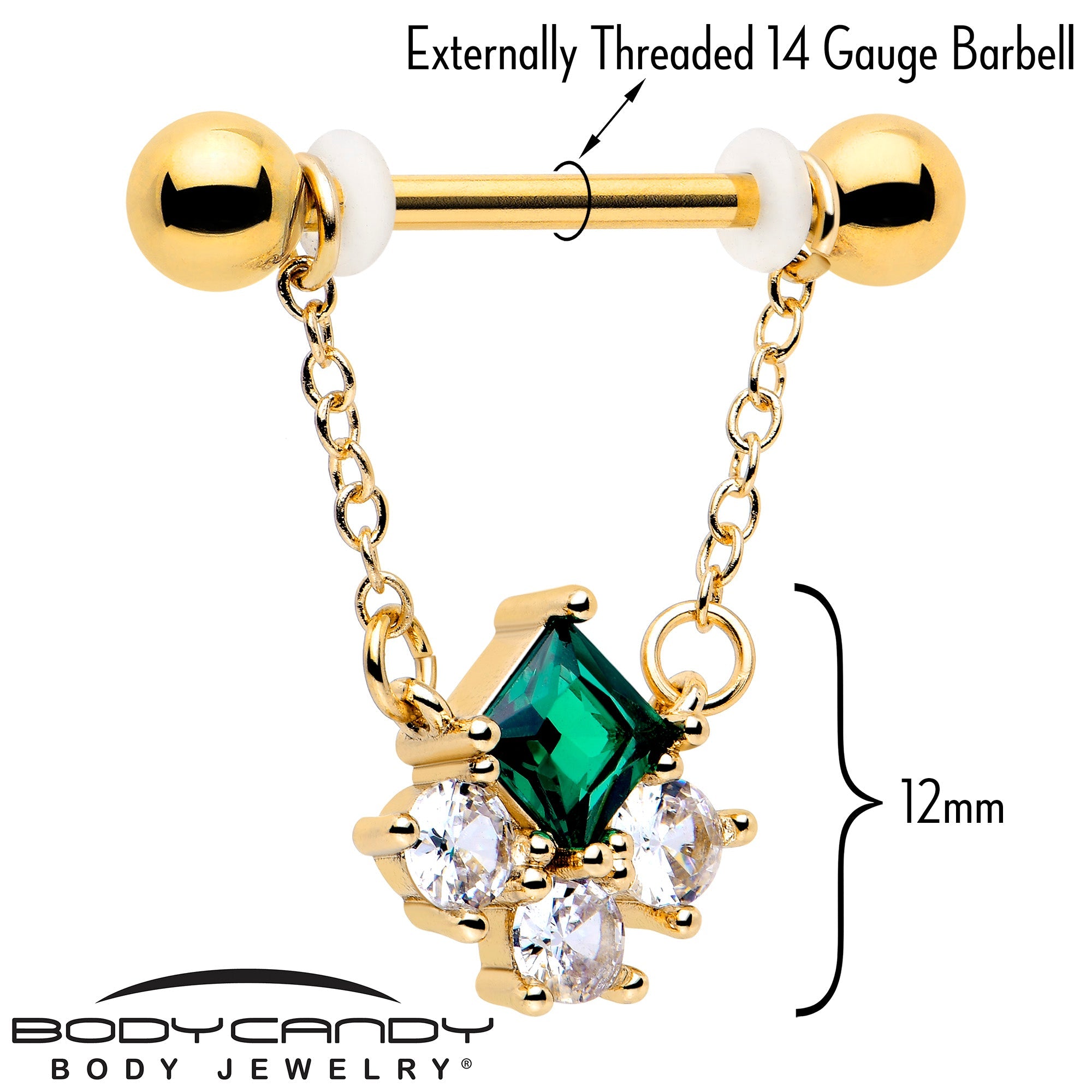 14G 9/16 Green CZ Gem Gold Tone Rhombus Riot Dangle Nipple Ring Set