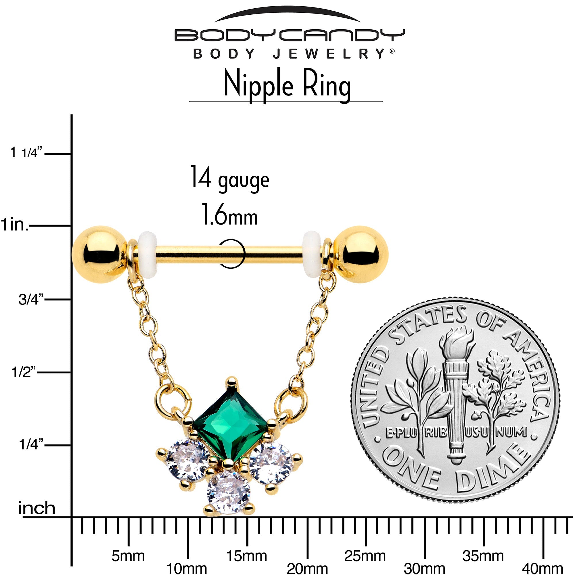 14G 9/16 Green CZ Gem Gold Tone Rhombus Riot Dangle Nipple Ring Set