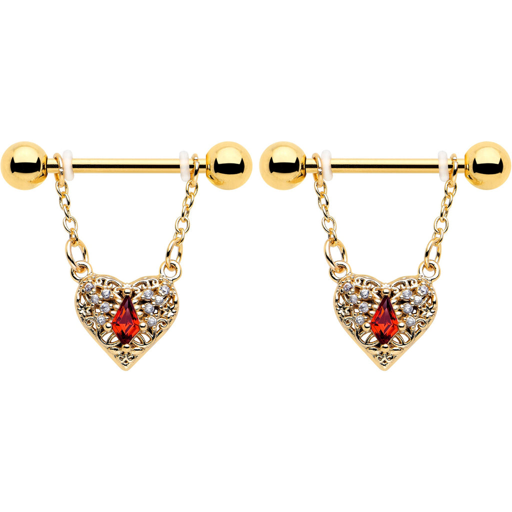 14G 9/16 Red CZ Gem Gold Tone Heart Queen Dangle Nipple Ring Set