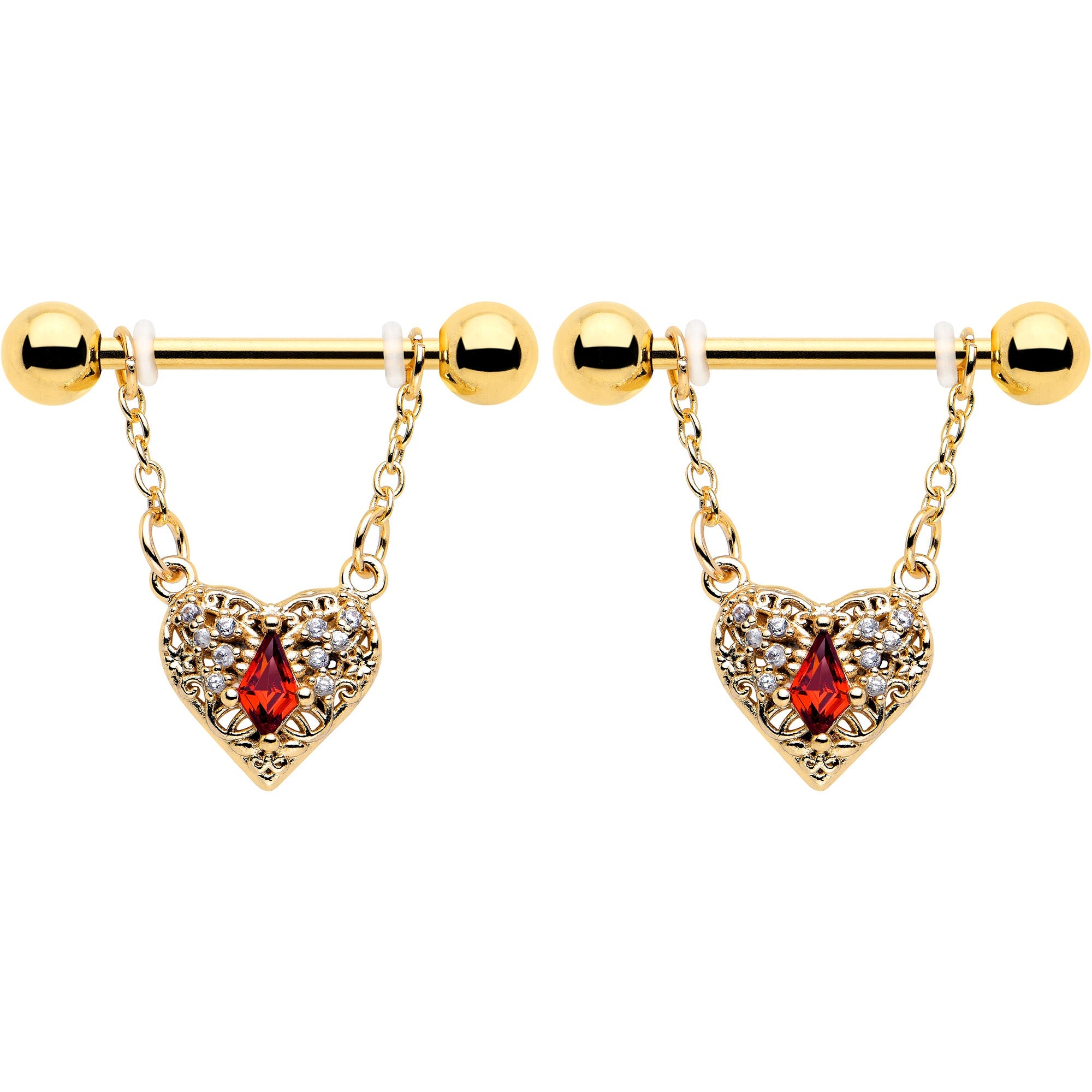 14G 9/16 Red CZ Gem Gold Tone Heart Queen Dangle Nipple Ring Set