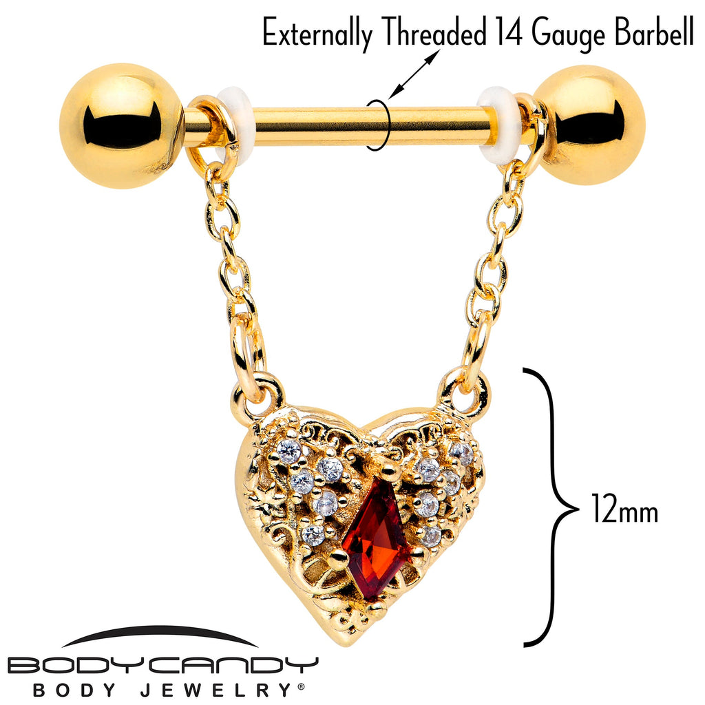 14G 9/16 Red CZ Gem Gold Tone Heart Queen Dangle Nipple Ring Set