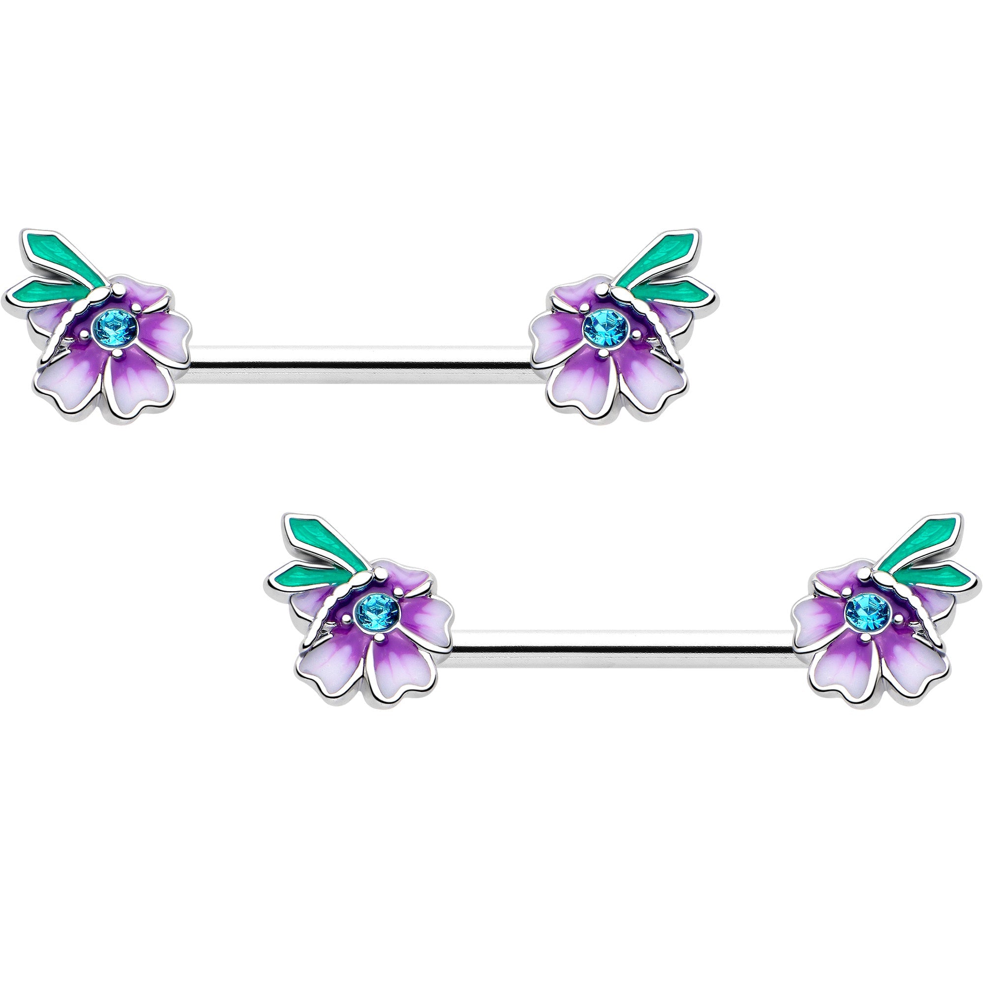 14G 9/16 Blue Gem Faerie Flower Purple Barbell Nipple Ring Set