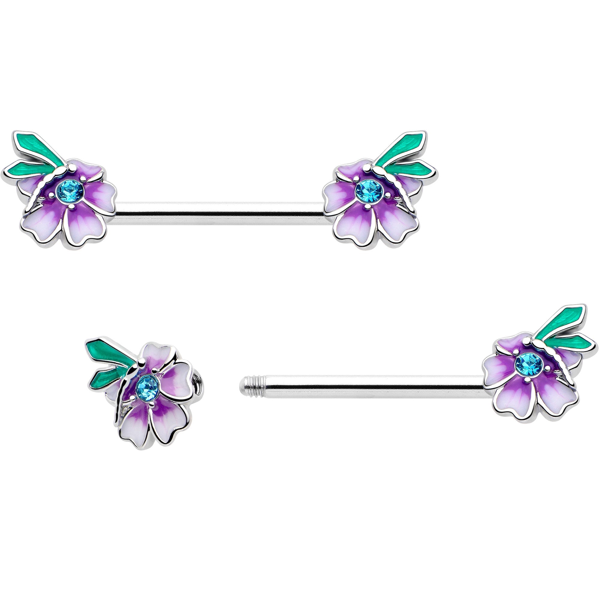 14G 9/16 Blue Gem Faerie Flower Purple Barbell Nipple Ring Set