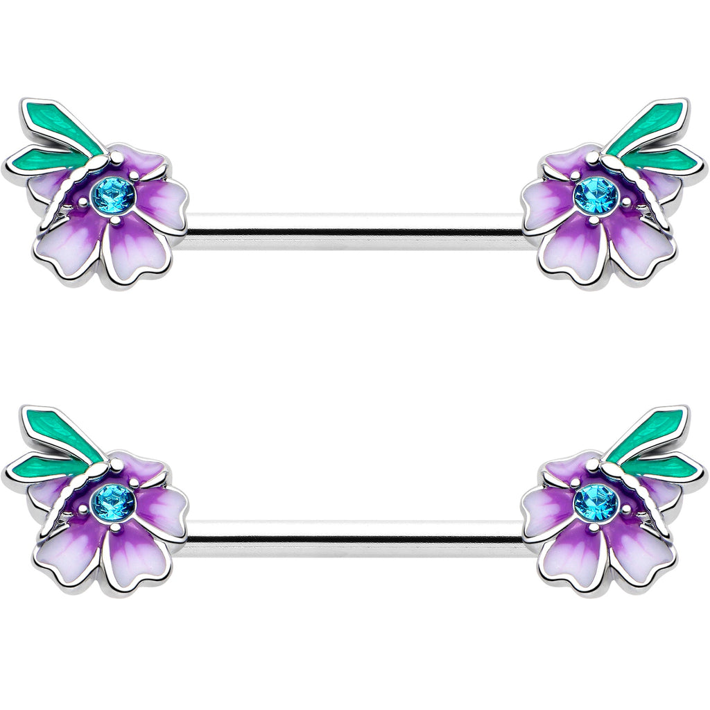 14G 9/16 Blue Gem Faerie Flower Purple Barbell Nipple Ring Set