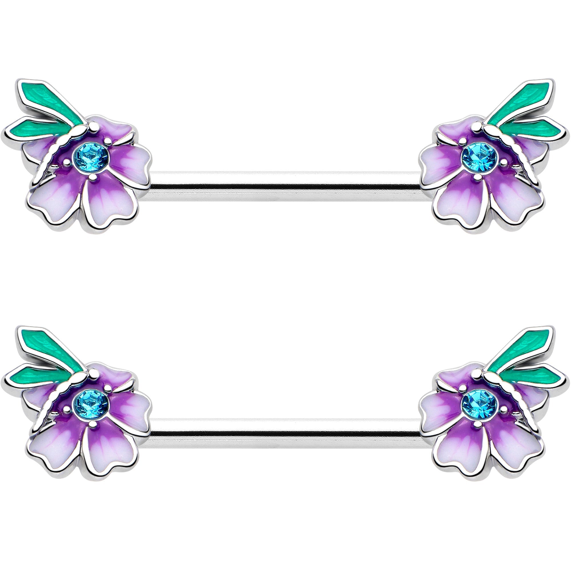 14G 9/16 Blue Gem Faerie Flower Purple Barbell Nipple Ring Set