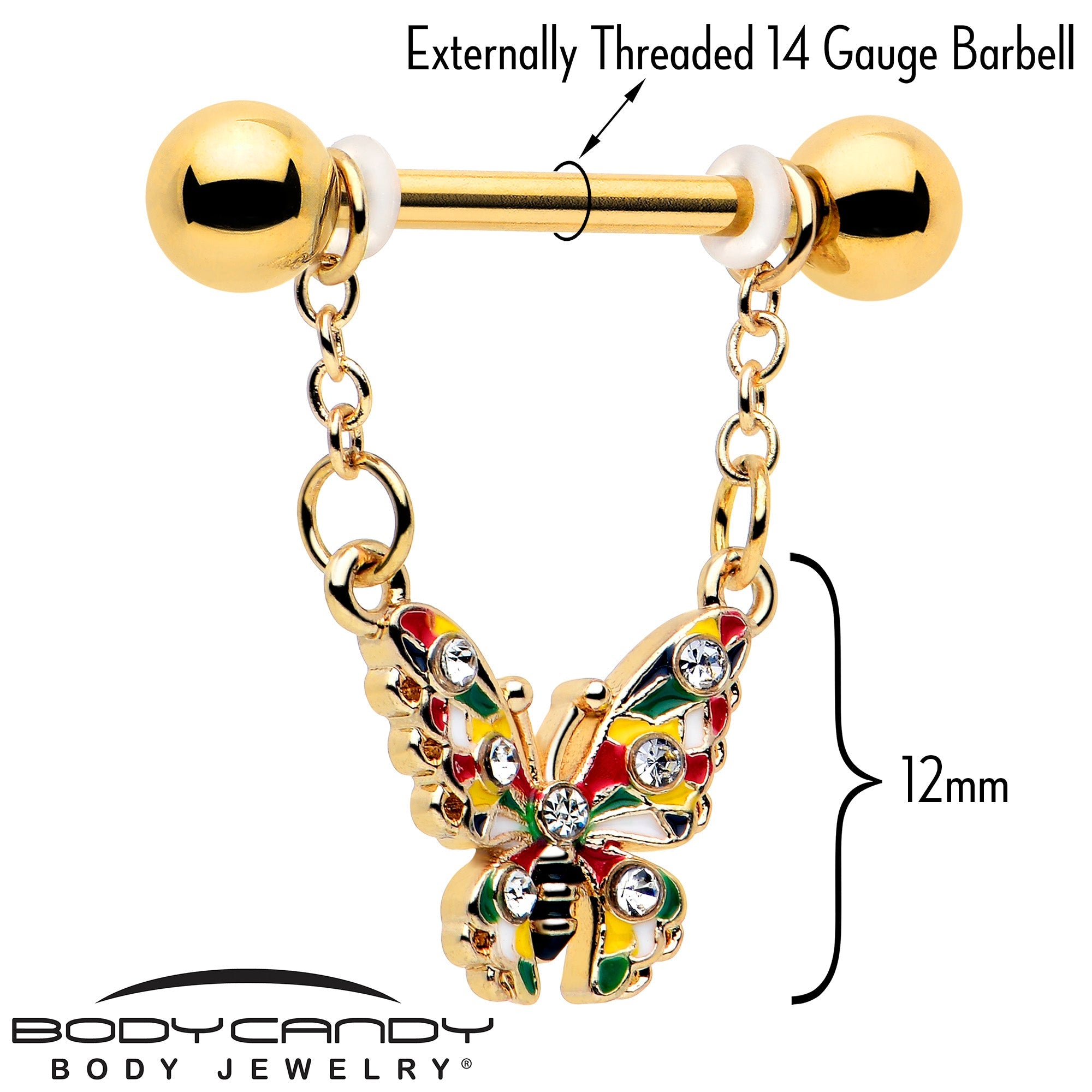 14G 9/16 Clear Gem Gold Tone Color Block Butterfly Dangle Nipple Ring Set