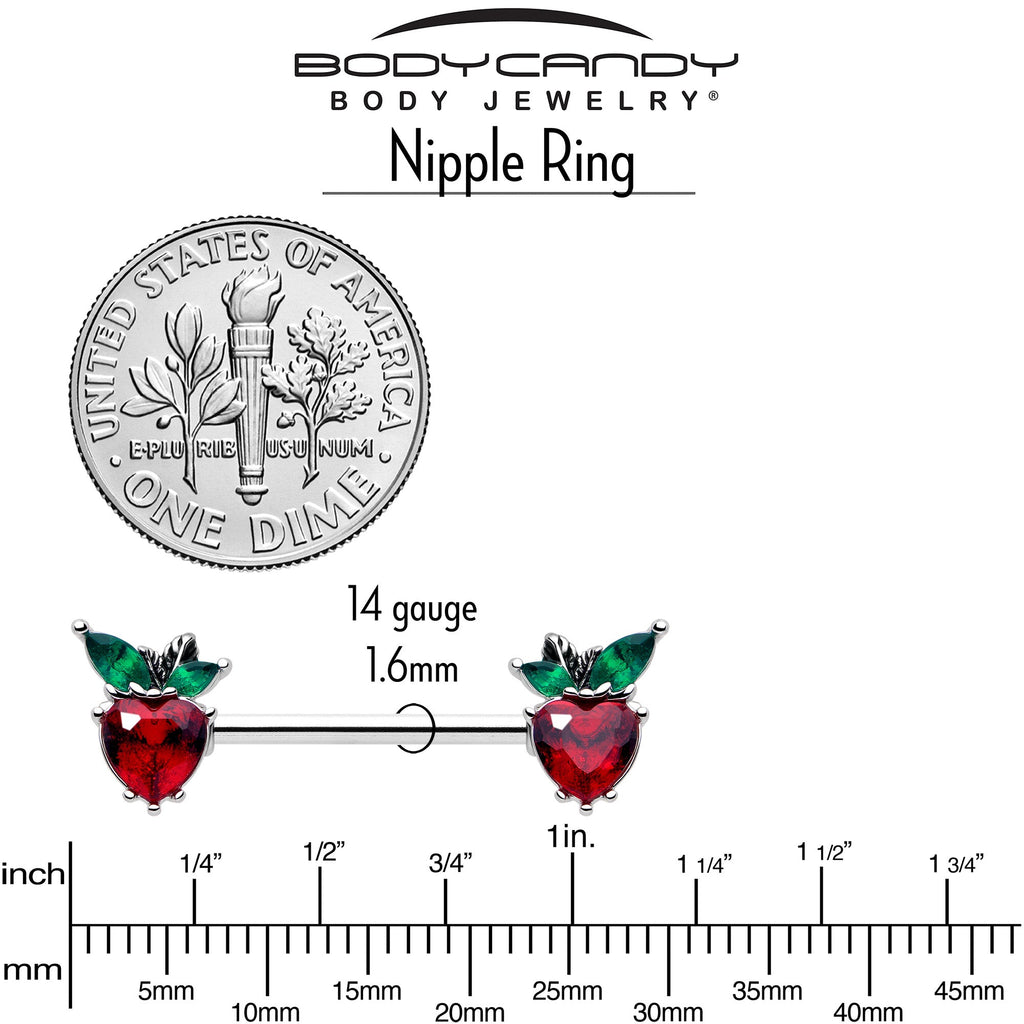 14G 9/16 Red Green Gem Strawberry Heart Barbell Nipple Ring Set