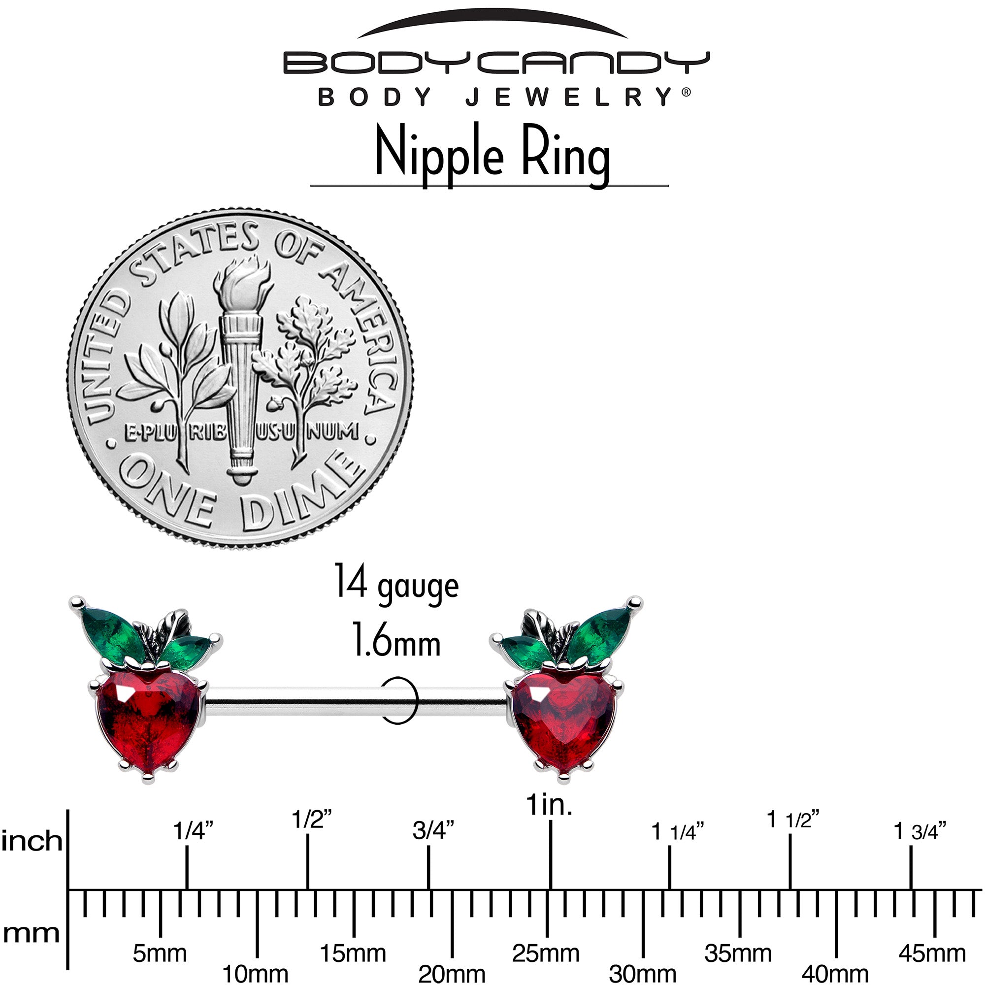 14G 9/16 Red Green Gem Strawberry Heart Barbell Nipple Ring Set