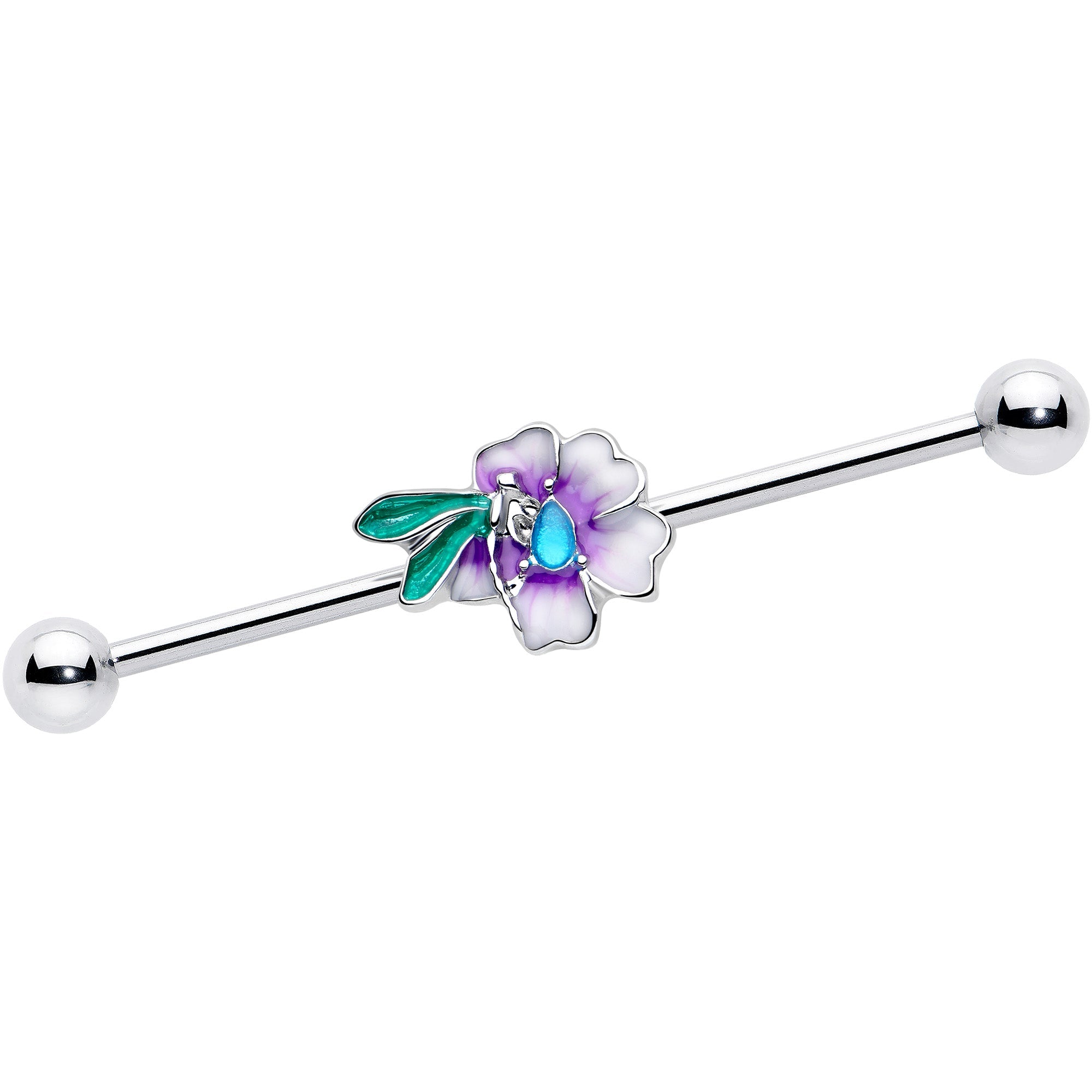 14G Blue Gem Faerie Flower Purple Industrial Barbell 38mm