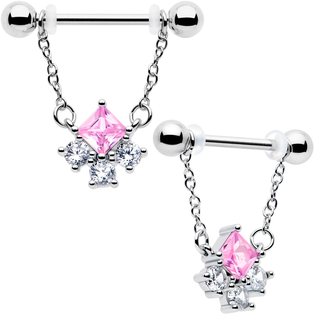 14G 9/16 Pink CZ Gem Rhombus Riot Chain Dangle Nipple Ring Set