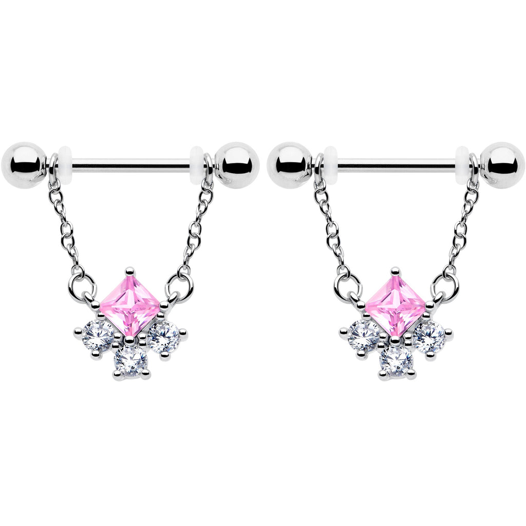 14G 9/16 Pink CZ Gem Rhombus Riot Chain Dangle Nipple Ring Set