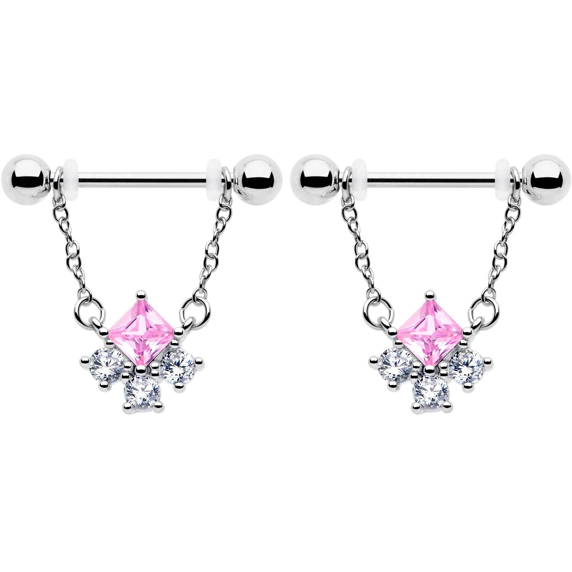 14G 9/16 Pink CZ Gem Rhombus Riot Chain Dangle Nipple Ring Set