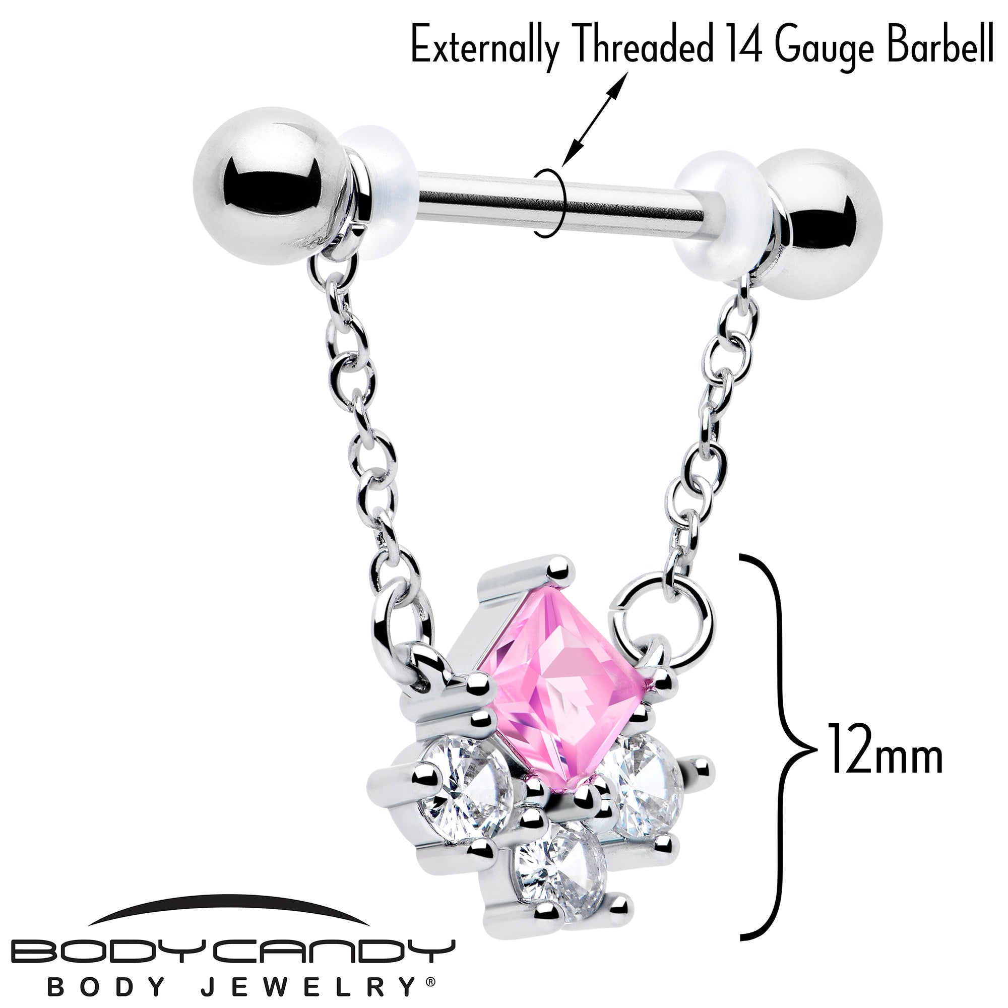 14G 9/16 Pink CZ Gem Rhombus Riot Chain Dangle Nipple Ring Set
