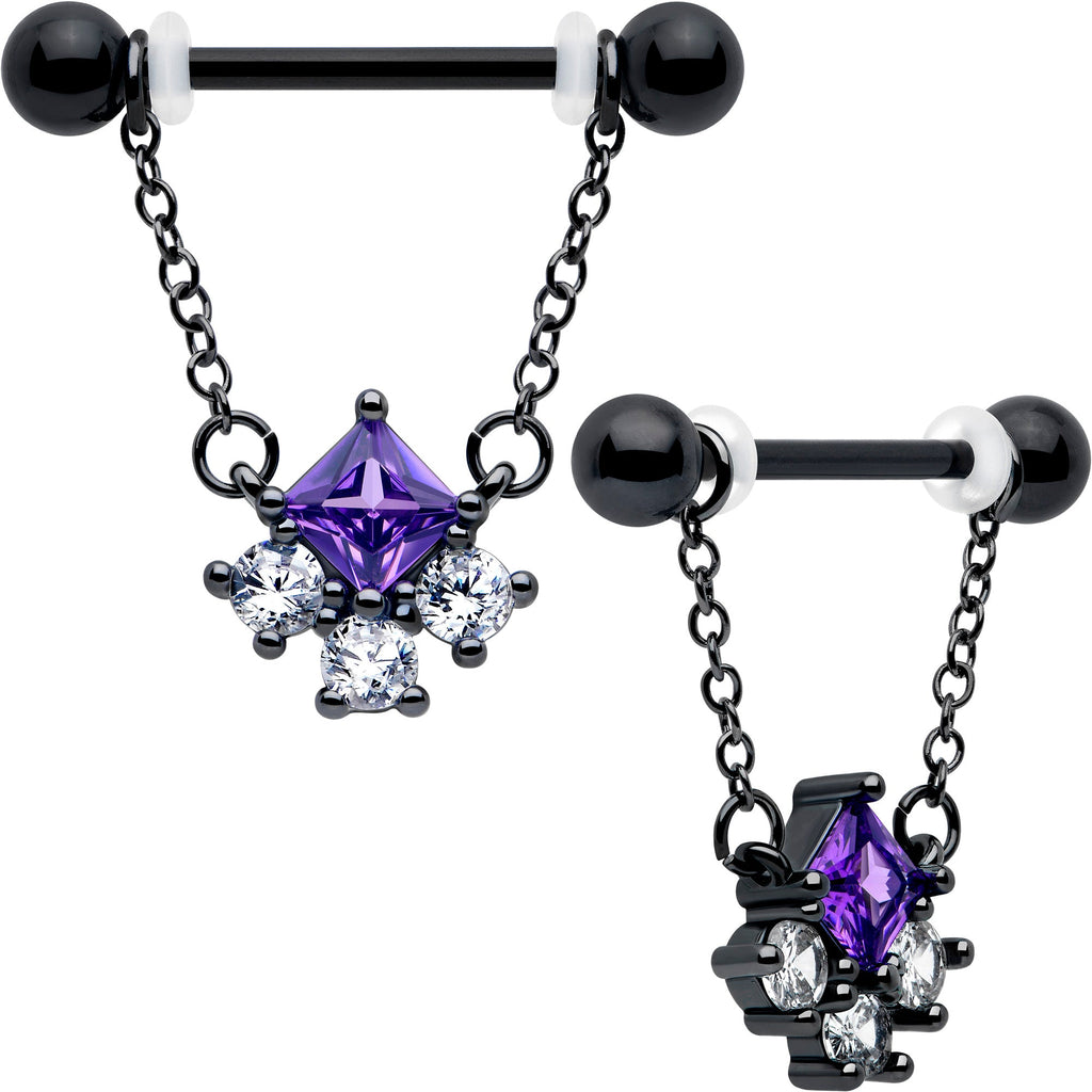 14G 9/16 Purple CZ Gem Black Rhombus Riot Chain Dangle Nipple Ring Set
