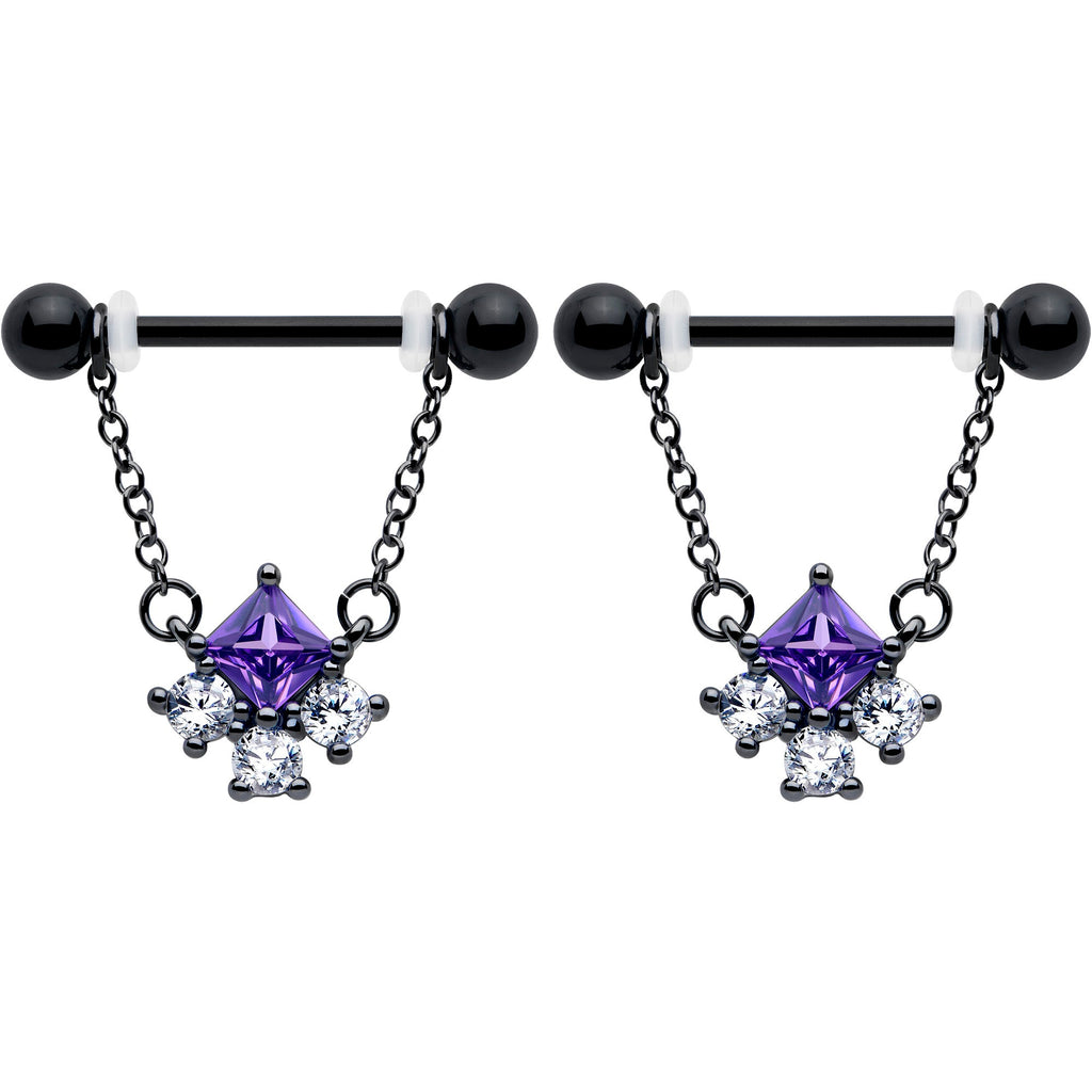 14G 9/16 Purple CZ Gem Black Rhombus Riot Chain Dangle Nipple Ring Set