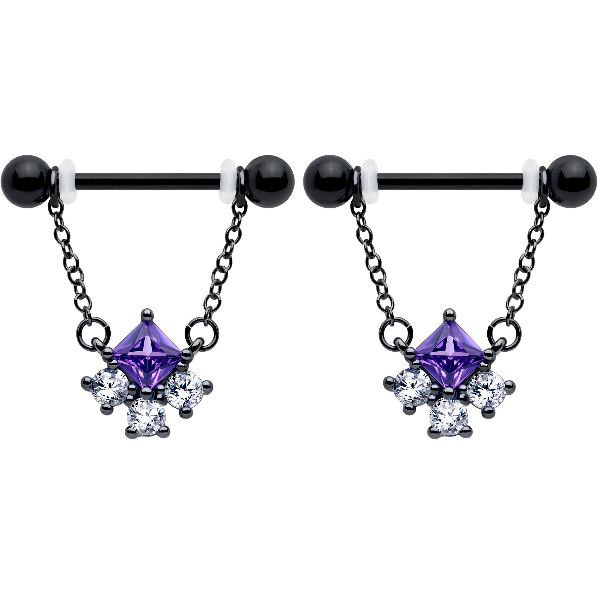 14G 9/16 Purple CZ Gem Black Rhombus Riot Chain Dangle Nipple Ring Set