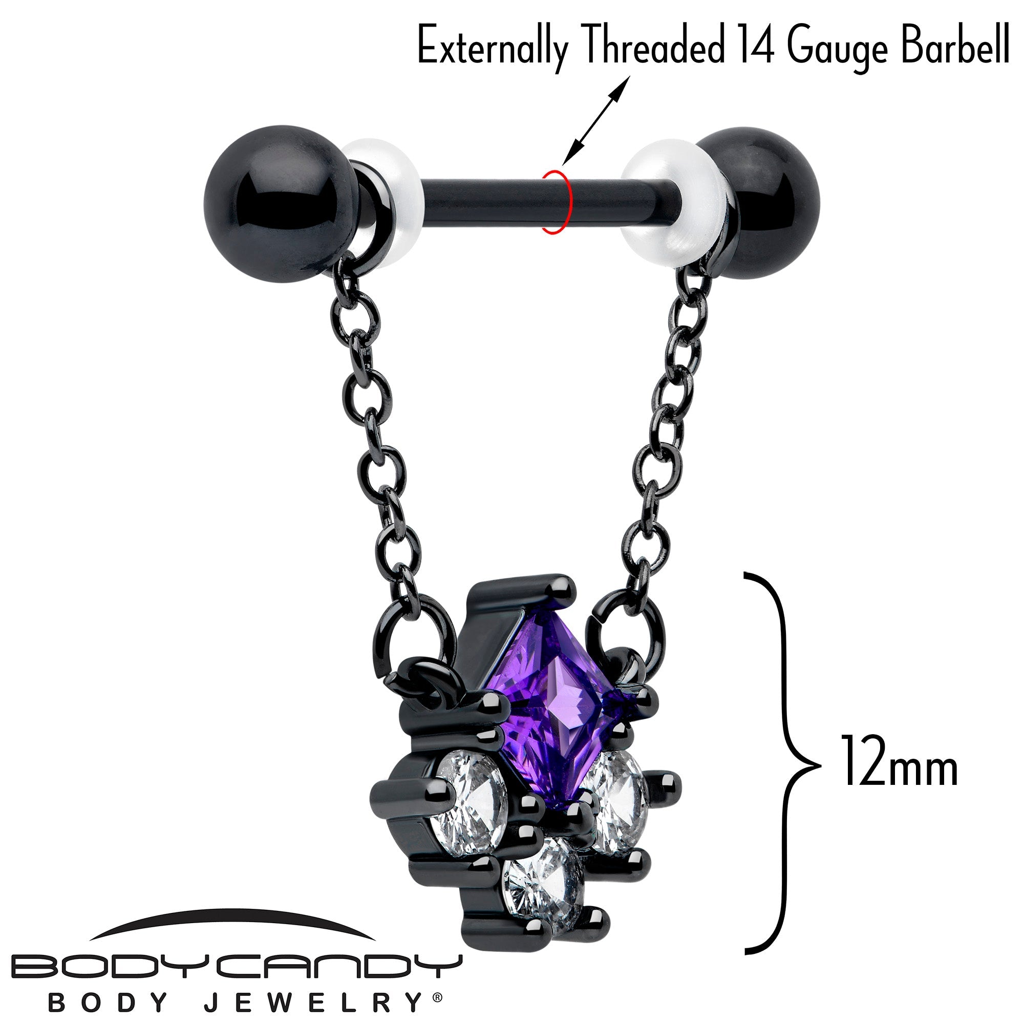 14G 9/16 Purple CZ Gem Black Rhombus Riot Chain Dangle Nipple Ring Set