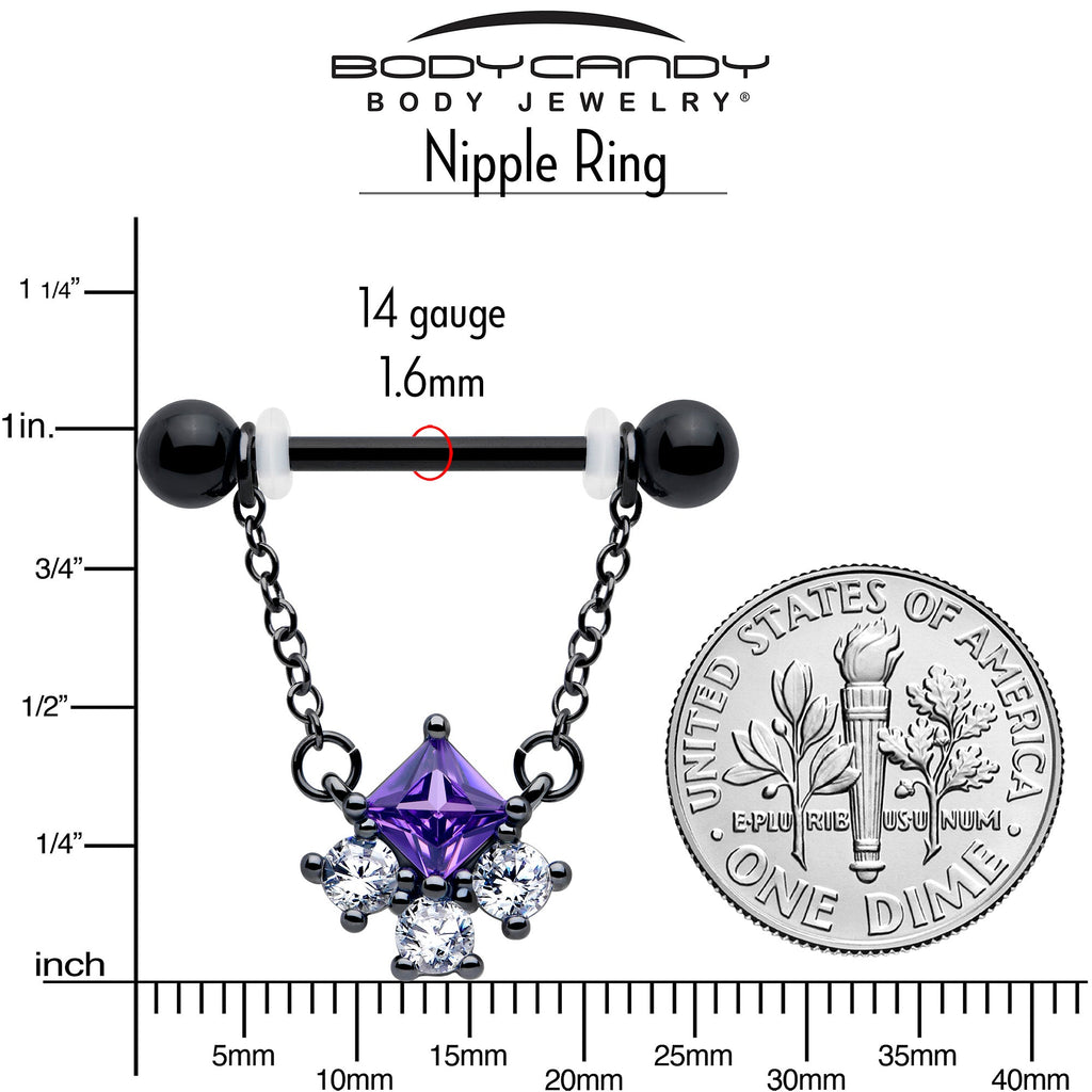 14G 9/16 Purple CZ Gem Black Rhombus Riot Chain Dangle Nipple Ring Set