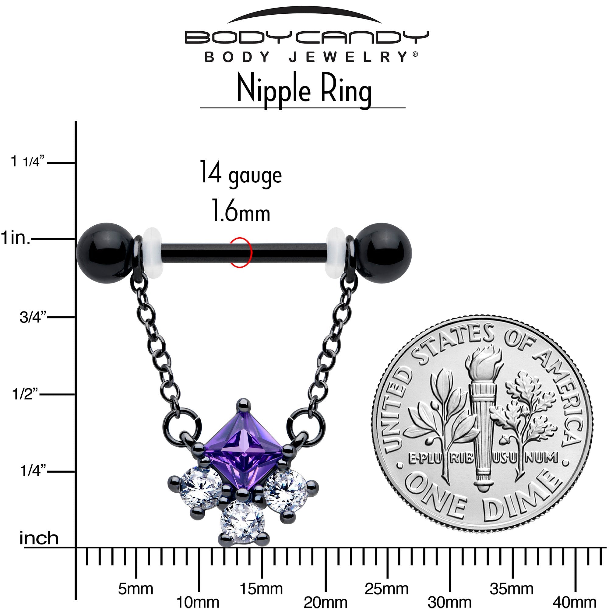 14G 9/16 Purple CZ Gem Black Rhombus Riot Chain Dangle Nipple Ring Set