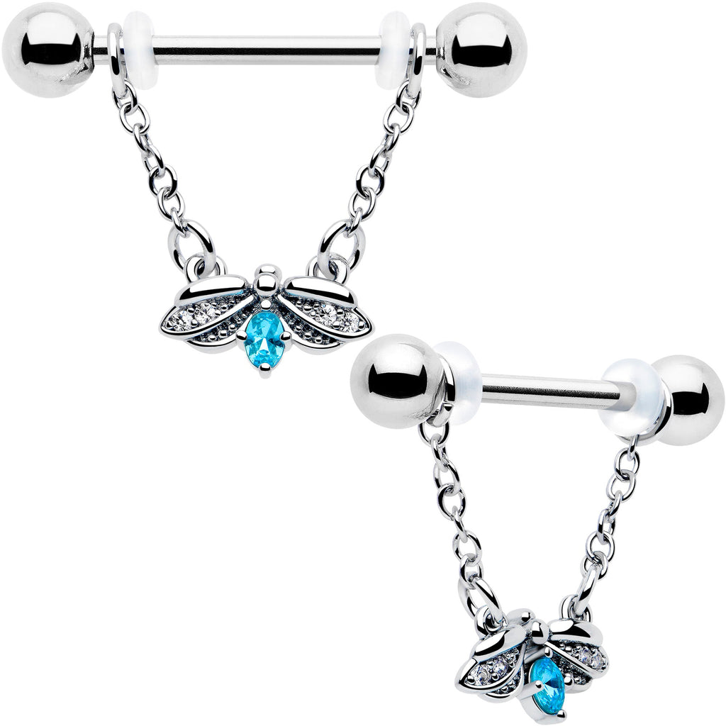 14G 9/16 Blue Gem Beauty Bug Chain Dangle Nipple Ring Set
